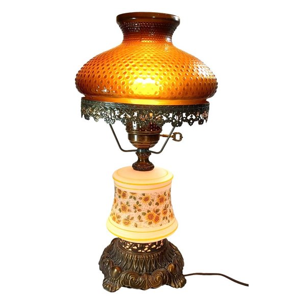 Gone With The Wind Amber Hobnail Glass Daisy 3 Way Electric Hurricane Table Lamp - Picture 9 of 9